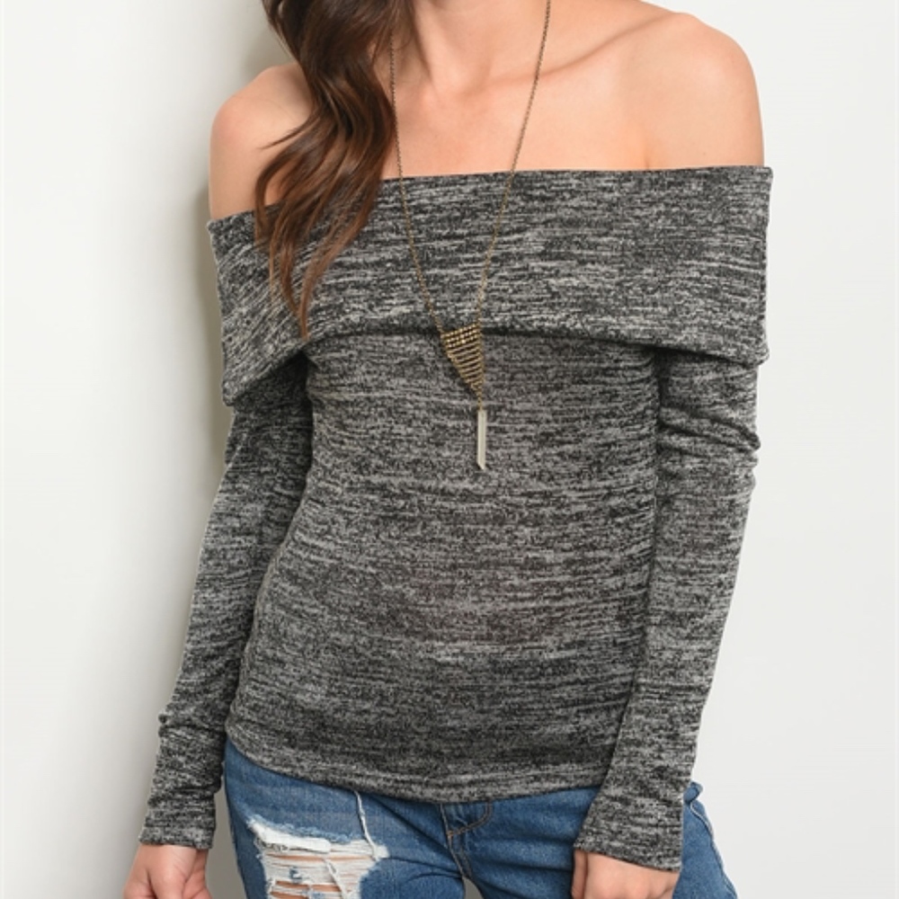 LAST 1! Charcoal Long sleeve off the shoulder knit - Picture 2 of 4